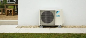 Groupe extérieur multisplit Daikin Sensira MXF-B posé sur plots contre un mur blanc, à côté d'une terrasse