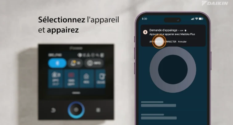 Smartphone affichant une demande d'appairage Bluetooth avec la télécommande Daikin Madoka Plus